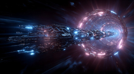 Fototapeta premium 3D rendering of space flight to another dimension through a wormhole in time and space. A bright, high-energy and high-tech tunnel. The motion of the plasma into particle accelerators