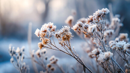 Frost covered dry wildflowers in soft morning light, closeup , ai generated image.