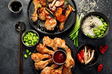 Asian style banquet or buffet. Chicken dishes.