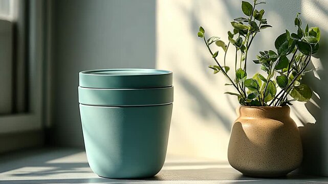 Three turquoise reusable cups stacked on a windowsill next to a small potted plant, bathed in sunlight.