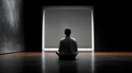 Obraz premium Person sitting quietly with eyes closed in minimal environment 