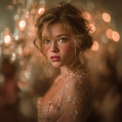 Romantic portrait of young woman with freckles, soft light, golden bokeh, evening atmosphere, elegant dress, tenderness, dreaminess.
