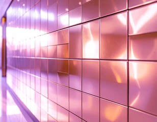 光沢タイル壁のクローズアップと幾何学模様の質感