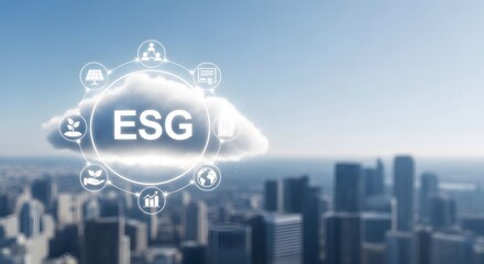 ESG Cloud Concept with Sustainability Icons over Urban Cityscape