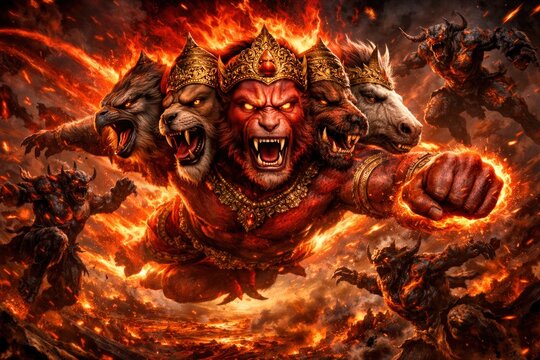 Multi-headed Demon Warrior Battling Fiery Creatures in Hellscape