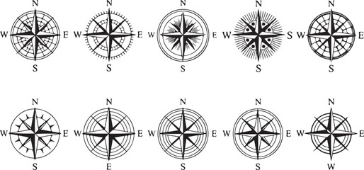 Vintage compass. Nautical wind rose, compasses for travel map, vintage marine navigation arrow symbols, retro outline vector set. Compass travel, old wind rose for sea adventure illustration