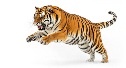 Obraz premium Majestic Bengal tiger captured in a powerful, dynamic mid-air leap, showcasing its fierce snarl and striped fur, embodying raw wild strength and agility
