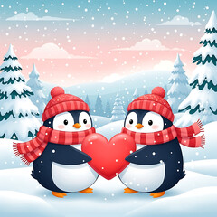Two penguins holding heart in winter landscape isolated on white background