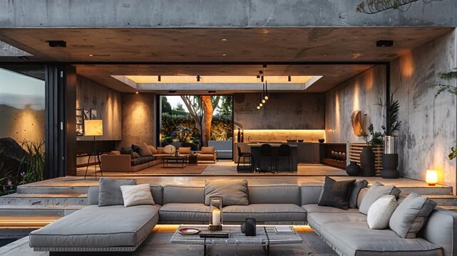 A living area features a modern design with large windows and comfortable seating. The scene is set in the evening with warm lighting, showing a connection between indoors and outdoors