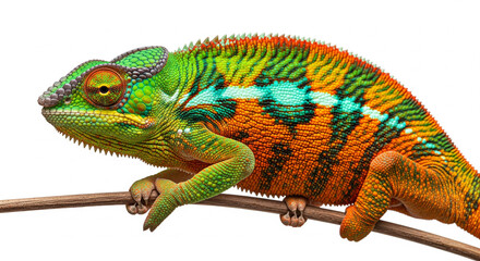 Obraz premium A stunning Panther chameleon, a fascinating reptile, displays its vibrant natural colors and intricate skin patterns while perched delicately on a branch