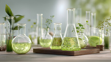 Organic compound reaction setup with eco friendly solvents in glass flasks and reaction vessels showing pale green liquids and subtle color change  
