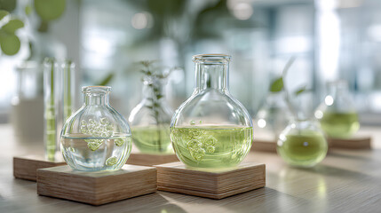 Organic compound reaction setup with eco friendly solvents in glass flasks and reaction vessels showing pale green liquids and subtle color change  
