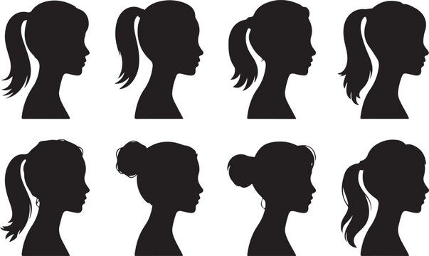 Woman heads in profile. Beautiful female faces profiles, black silhouette outline avatars, anonymous portraits with hairstyle vector set