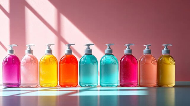 Colorful bottles of liquid soap arranged in a row on a light blue surface against a pastel pink background.