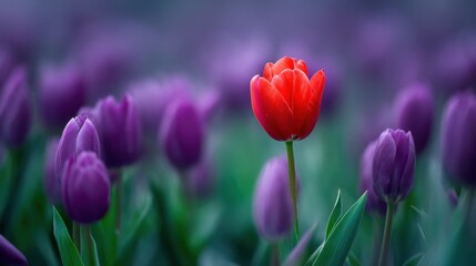 Obraz premium Vibrant red tulip amidst purple blooms in a serene garden setting.