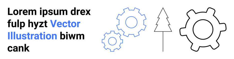 Technology integration, engineering, nature preservation, sustainability, teamwork, design concepts. Gear symbols and tree outline next to abstract text. Technology and nature preservation concept