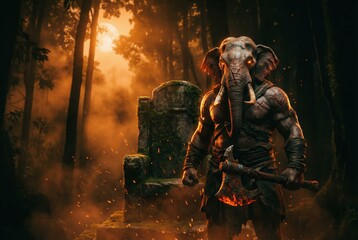 Mythical Elephant-Headed Warrior with Axe in a Fiery Forest