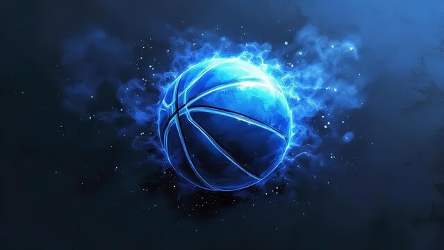 Glowing blue basketball surrounded by smoke and sparks on a dark blue background symbolizing sport and energy