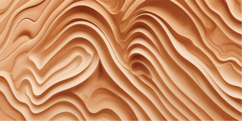 Abstract layered wooden waves form flowing pattern. Light beige, brown tones create natural texture background. Soft lighting highlights organic surface. Modern aesthetic offers calming visual for