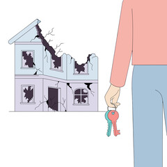 Person holding keys in front of a damaged house with cracks  