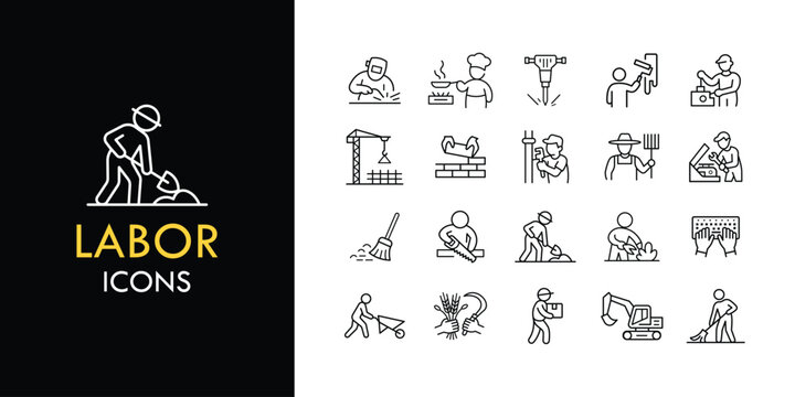 Labor line icon set, outline web icon collection containing Worker, Tools, Factory and more, vector illustration in line style