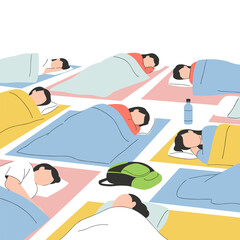 People sleeping on blankets in a communal shelter during emergency  
