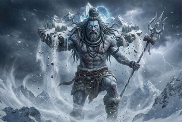 Powerful Shiva in Snowy Mountains, Holding Trident, Cosmic Energy, Hindu Deity