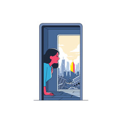 Woman peering through doorway into a dystopian cityscape at sunset  