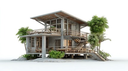 Fototapeta premium Modern two-story wooden beach house with open decks, stairs, and tropical greenery, isolated