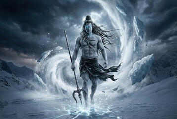 Lord Shiva in a stormy, icy landscape with glowing eyes and trident