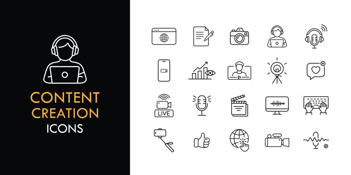 Content creation line icon set, outline web icon collection containing Camera, Recording, Video and more, vector illustration in line style