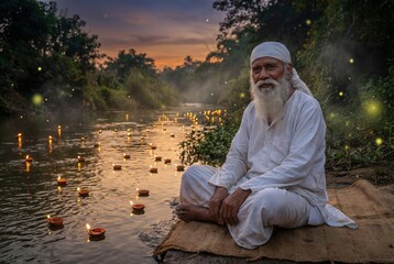 Elderly Man Meditating by River with Floating Diyas at Sunset