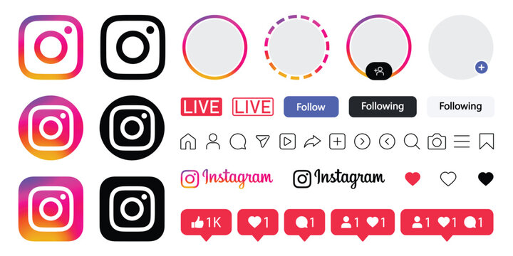 Instagram logo icon set with heart message follow live