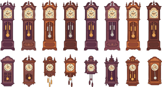 Vintage grandfather clock illustration set with ornate classic pendulum wall clocks for antique interior decor vector design collection