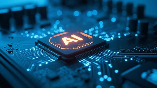 Close-up of a central processing unit with AI illuminated in orange on a blue circuit board.