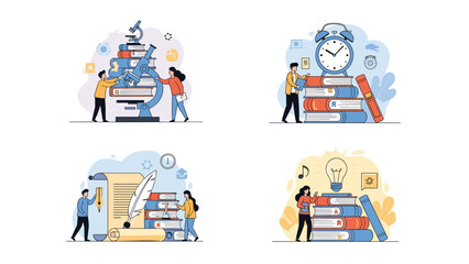 Set of educational scenes showing people studying with books, conducting research, managing time, and generating creative ideas.