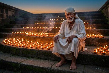 Elderly Man Sitting Amidst Numerous Lit Diyas on Stone Steps at Dusk