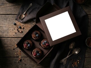 Four chocolate desserts with berries in a box