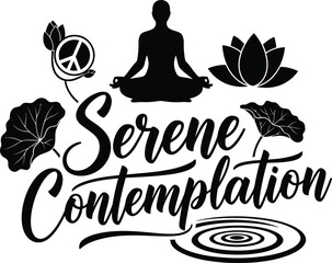 Serene Contemplation Lotus Figure Meditating Vector Black Hand Drawn Typography Logo Emblem Badge Icon Silhouette Vintage Retro Graphic Yoga Zen Wellness Peace