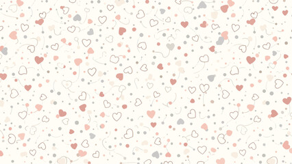 Seamless Background Pattern with Delicate Pink and Grey Hearts and Polka Dots on a Light Cream Surface