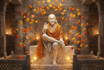 Divine Sai Baba Statue with Falling Marigold Flowers and Smoke