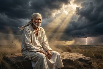 Elderly Man in Traditional Attire Sitting on Rock During Thunderstorm with Lightning