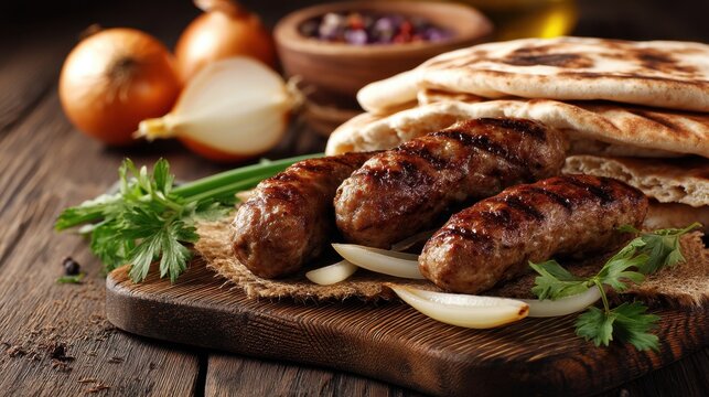 Grilled cevapi sausages on rustic wooden board with flatbread and onions.
