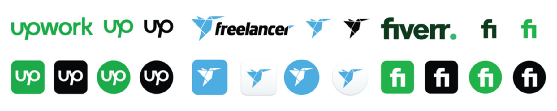 Collection of professional service platform logos including Fiverr, Freelancer, and Upwork vector illustrations