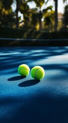 Hard blue court with tenni balls copy space image