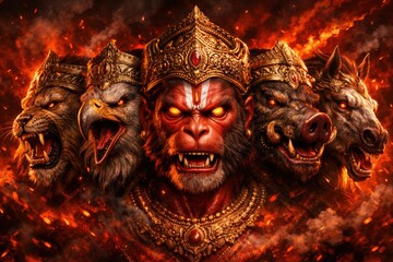 Five-Headed Hindu Deity in Fiery Demeanor