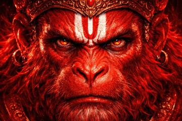 Intense Close-up of Lord Hanuman's Fierce Red Face with Golden Crown