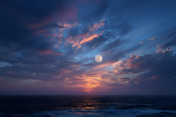 Horizon, clouds and full moon by ocean with sunset for peace