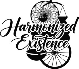 Harmonized Existence Geometric Mandala Flower Vector Black Hand Drawn Typography Logo Emblem Badge Icon Silhouette Vintage Retro Graphic Symmetry Zen Peace Spirituality