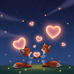 Two foxes holding hearts, isolated on white background